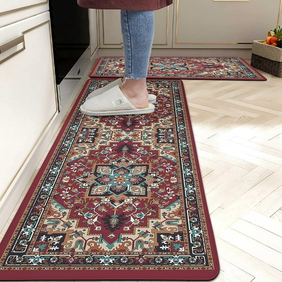 Boho Kitchen Rug Set of 2 Red Bohemian Farmhouse Anti-Fatigue Kitchen Mats Vintage Rubber Comfort Standing Rugs and Mats for Kitchen Sink Laundry Home Decor, 17.3 x 28+17.3 x 47 Inch