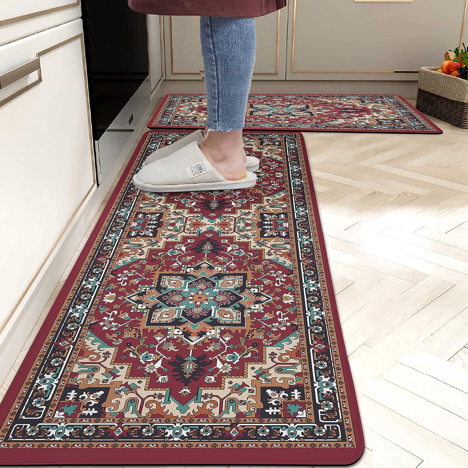 Boho Red AntiFatigue Kitchen Rug Set, Vintage Farmhouse Style Comfort