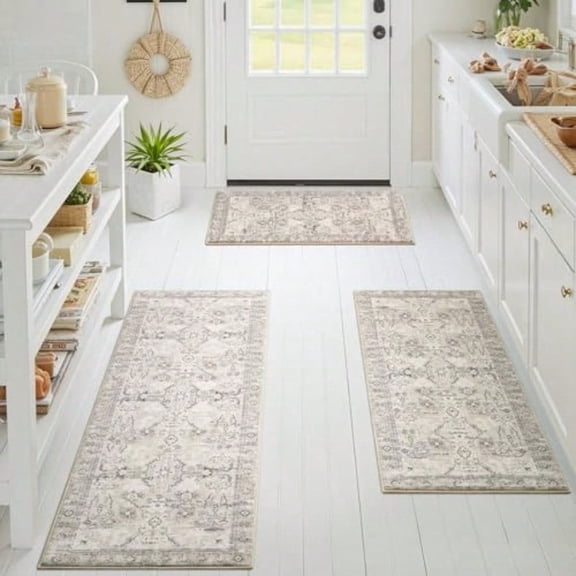 Boho Kitchen Rug Sets of 3 Non Slip Washable Faux Wool Kitchen Mats for Floor Thick Soft AntiFatigue Comfort Standing Mat Runner Rugs for Hallway Laundry Room Beige