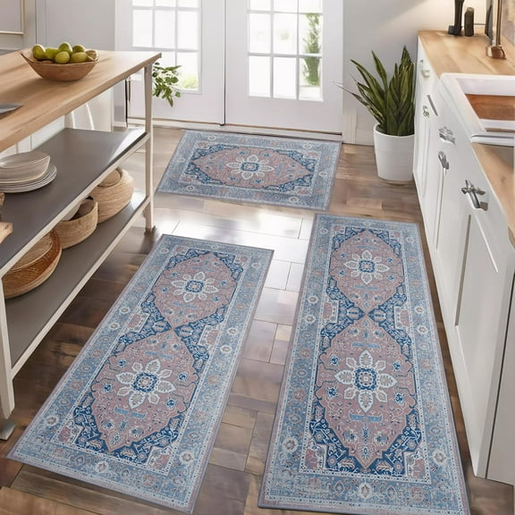 Boho Kitchen Rug Sets 3 Piece Farmhouse Rugs and Runners Non Slip Washable Floor Mat Carpets for Entryway Hallway Laundry Living Room(r-blues)