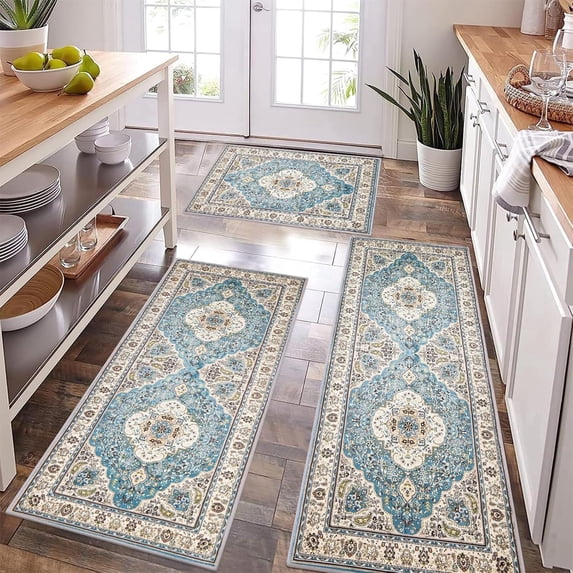 Boho Kitchen Rug Sets 3 Piece with Runner Non Slip Kitchen Rugs and Mats Low Pile Entrance Doormat Carpet Runner Rugs for Hallways Kitchen Laundry Room (Light Blue)