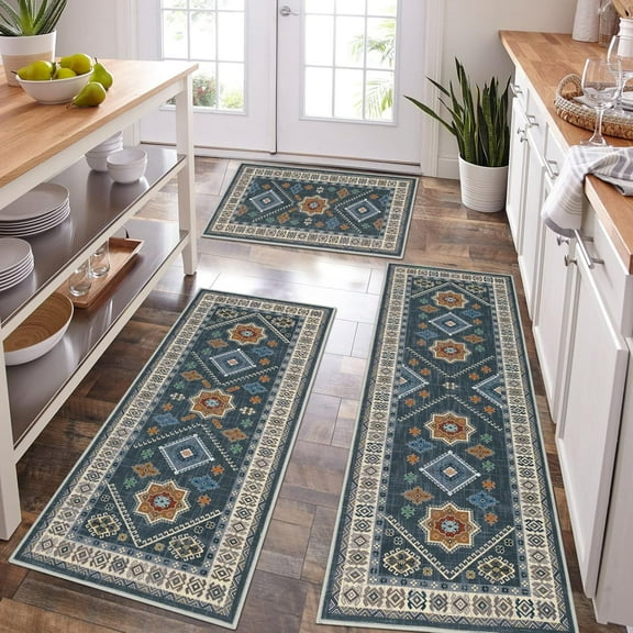 Boho Kitchen Rug Sets 3 Piece with Runner Non Slip Kitchen Rugs and Mats Washable Kitchen Mats for Floor Thick Kitchen Floor Mat Carpet Runner Rugs for Hallway Laundry Holiday Decor