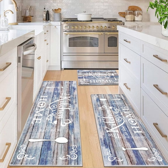 Boho Kitchen Rug Sets 3 Pieces, Washable Kitchen Mats for Floor, Non Slip Soft Kitchen Area Rug Floor Mat for Kitchen, Laundry Room and Hallway (Blue and Brown, 20''x32''+20''x47''+20''x59'')