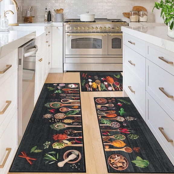 Boho Kitchen Rug Sets 3 Pieces, Washable Kitchen Mats for Floor, Non Slip Soft Kitchen Area Rug Floor Mat for Kitchen, Laundry Room and Hallway (Spice-Black)