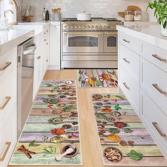 Boho Kitchen Rug Sets 3 Pieces, Washable Kitchen Mats for Floor, Non Slip Soft Kitchen Area Rug Floor Mat for Kitchen, Laundry Room and Hallway (Spice-Colorful, 17"x30"+17"x47"+17"x59")