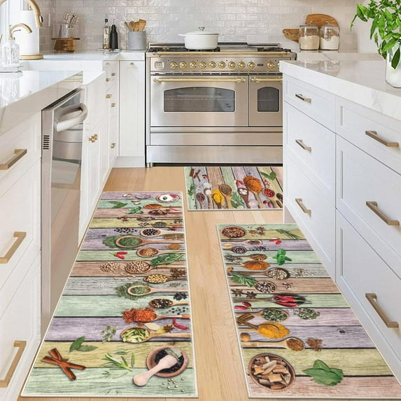 Boho Kitchen Rug Sets 3 Pieces, Washable Kitchen Mats for Floor, Non Slip Soft Kitchen Area Rug Floor Mat for Kitchen, Laundry Room and Hallway (Spice-Colorful)
