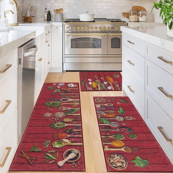 Boho Kitchen Rug Sets 3 Pieces, Washable Kitchen Mats for Floor, Non Slip Soft Kitchen Area Rug Floor Mat for Kitchen, Laundry Room and Hallway (Spice-red)