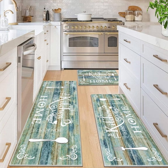 Boho Kitchen Rug Sets 3 Pieces, Washable Kitchen Mats for Floor, Non Slip Soft Kitchen Area Rug Floor Mat for Kitchen, Laundry Room and Hallway (Teal and Brown, 17"x30"+17"x47"+17"x59")
