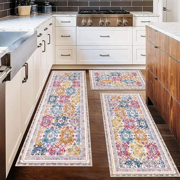 Boho Kitchen Rug Sets 3 Pieces, Washable Kitchen Mats for Floor, Non Slip Soft Vintage Kitchen Area Rug Floor Mat for Kitchen, Laundry Room and Hallway (Colorful, 20''x32''+20''x47''+20''x59'')