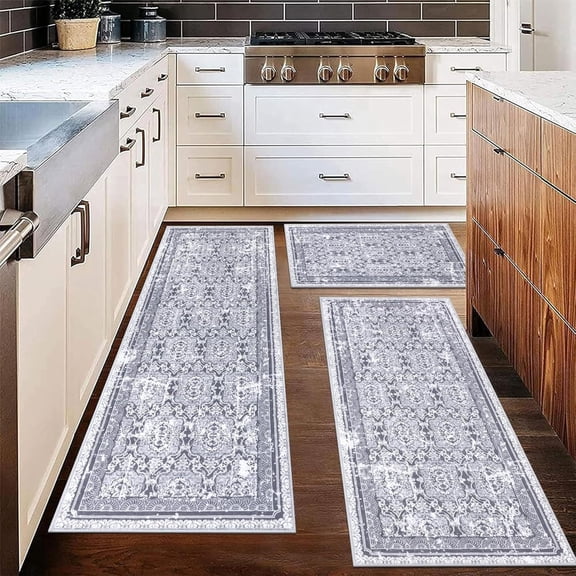 Boho Kitchen Rug Sets 3 Pieces, Washable Kitchen Mats for Floor, Non Slip Soft Vintage Kitchen Area Rug Floor Mat for Kitchen, Laundry Room and Hallway (Grey, 20''x32''+20''x47''+20''x59'')