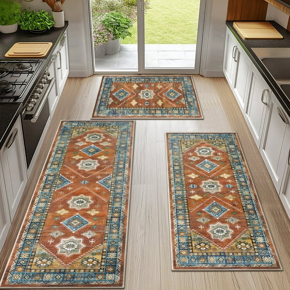 Boho Kitchen Rug Sets 3 Pieces, Washable Kitchen Mats for Floor, Non Slip Soft Kitchen Area Rug Floor Mat for Kitchen, Laundry Room and Hallway