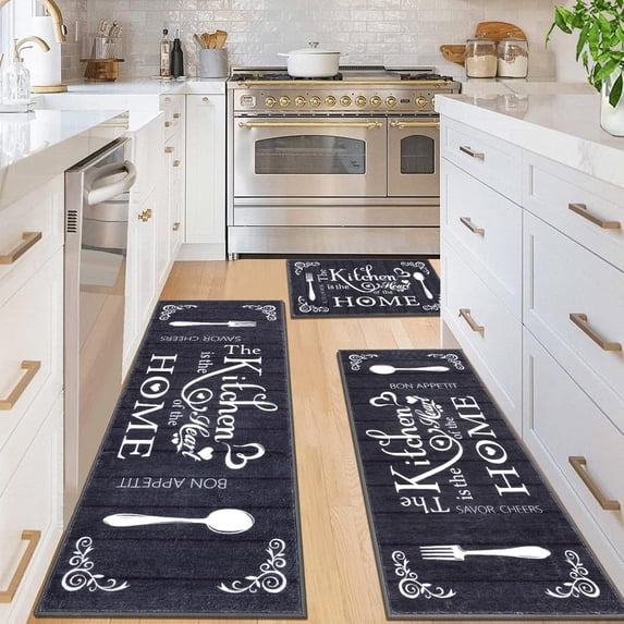 Boho Kitchen Rug Sets 3 Pieces, Washable Kitchen Mats for Floor, Non Slip Soft Kitchen Area Rug Floor Mat for Kitchen, Laundry Room and Hallway (Black, 20''''x32''''+20''''x47''''+20''''x59'''')
