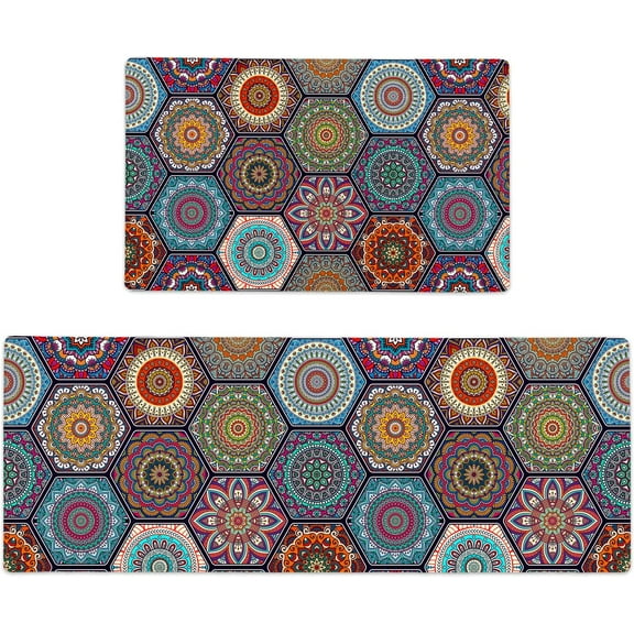 Boho Kitchen Rugs 2 Pieces Anti Fatigue Kitchen Mats Set Cushioned Non-Skid Washable Kitchen Floor Mat for Kitchen Office Sink Laundry (Brown, 17.5"x29.5"+17.5"x47")