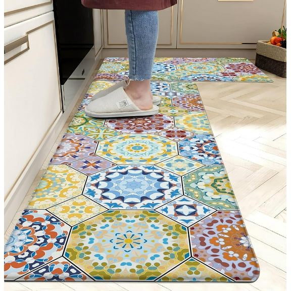 Boho Kitchen Rugs Anti Fatigue Kitchen Rugs and Mats Non Skid Washable Cushioned Kitchen Mats for Floor Bohemian Colorful Rugs for Sink Laundry Bathroom,Set of 2,17.3 X28+17.3 X 47 Inch, PVC