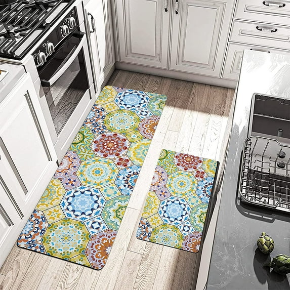 Boho Kitchen Rugs Anti Fatigue Kitchen Rugs and Mats Non Skid Washable Cushioned Kitchen Mats for Floor Bohemian Colorful Rugs for Sink Laundry Bathroom,Set of 2,17.3 X28+17.3 X 47 Inch, PVC