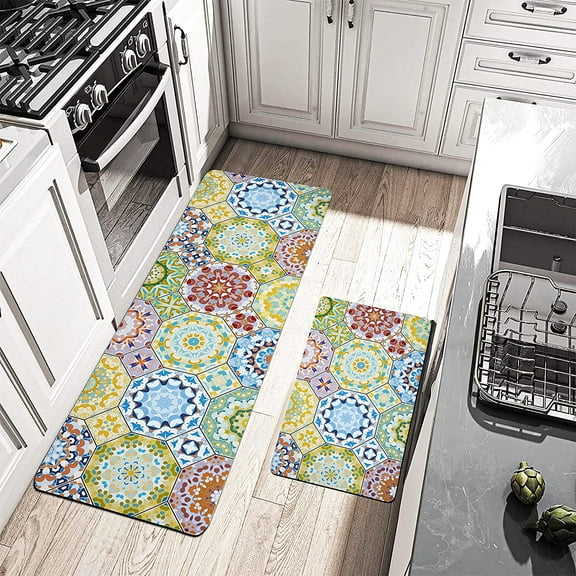 Boho Kitchen Rugs Anti Fatigue Kitchen Rugs and Mats Non Skid Washable Cushioned Kitchen Mats for Floor Bohemian Colorful Rugs for Sink Laundry Bathroom,Set of 2,17.3 X28+17.3 X 47 Inch, PVC