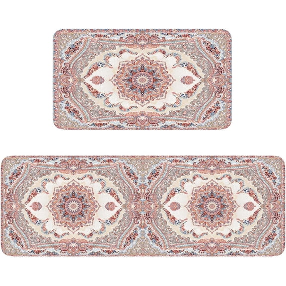 Boho Kitchen Rugs - Floral Pattern, 17"x29", Pink, 2 Pack, Rectangular, Rustic Style, Indoor Use, Machine Washable, Non Slip, Lightweight, Waterproof