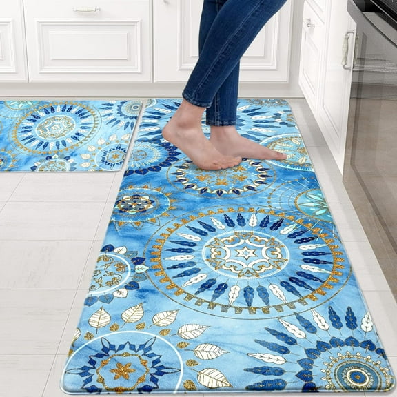 Boho Kitchen Rugs and Mats Cushioned Anti-Fatigue Kitchen Rug, Waterproof Non-Slip Kitchen Mats and Rugs, Memory Foam Bohemian Kitchen Floor Mat for Home Office Laundry, 18" x 48" + 18" x 30"