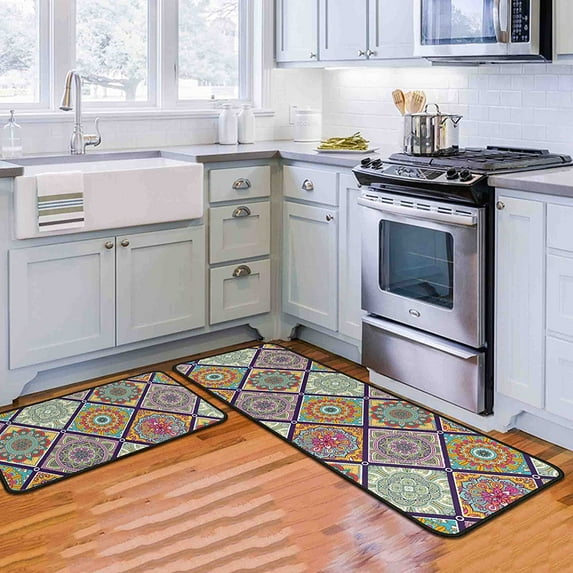 Boho Kitchen Rugs and Mats for Floor, Non-Slip Backing Kitchen Mat Set of 2 Bohemian Decor Anti Fatigue Kitchen Rug Sets with Runner for Home Kitchen Dining Room 17"x47.2"+17"x30"