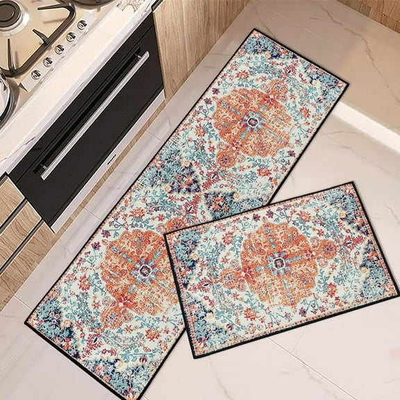 Boho Kitchen Rugs and Mats Non Skid Washable Set of 2, Abstract Floral Ikat Ethnic Pattern Kitchen Mats for Floor, Vintage Geometric Kitchen Runner Rug, Modern Kitchen Decor