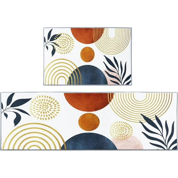 Boho Kitchen Rugs and Mats Non Skid Washable Set of 2, Blue Orange Leaves Pink Modern Kitchen Runner Rug, Mid Century Kitchen Floor Mat Under Sink Mat Throw Rug for Doormat