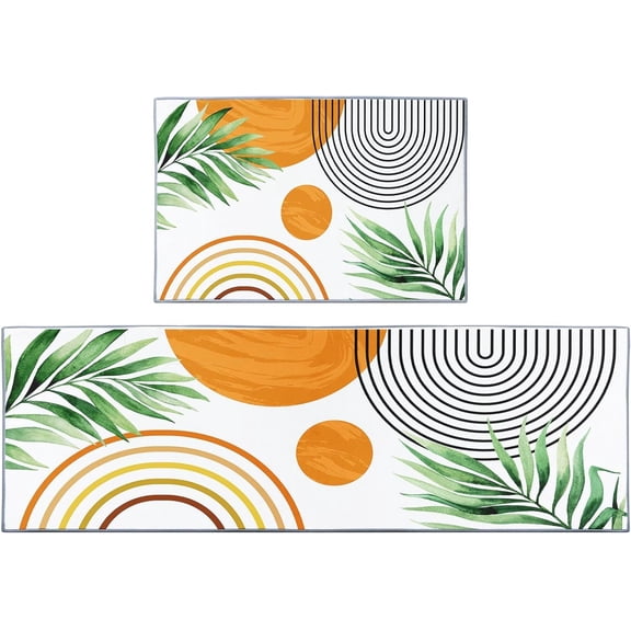 Boho Kitchen Rugs and Mats Non Skid Washable Set of 2, Green Orange Sun Leaves Modern Kitchen Runner Rug, Mid Century Kitchen Floor Mat Under Sink Mat Throw Rug for Doormat