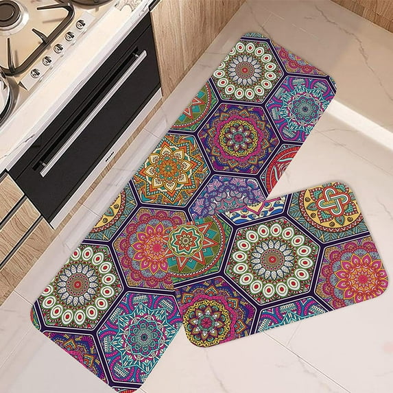 Boho Kitchen Rugs and Mats Non Skid Washable Set of 2, Vintage Mandala Ethnic Flower Kitchen Mats for Floor, Bohemian Floral Geometric Lace Abstract Moroccan Kitchen Decor