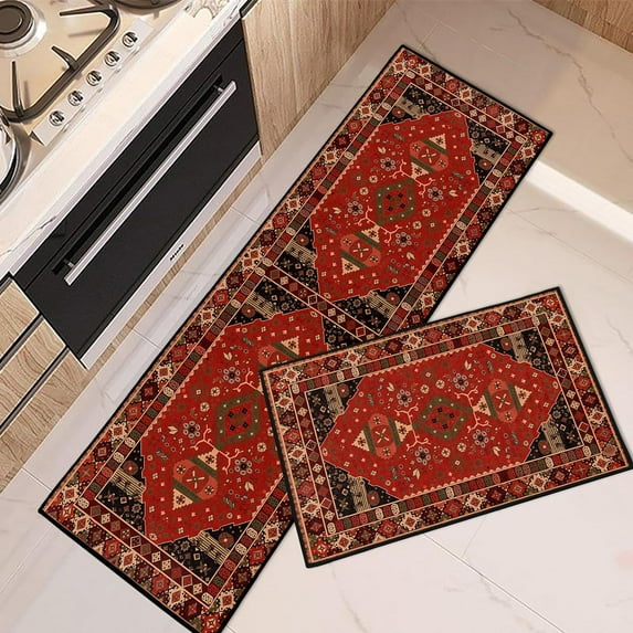 Boho Kitchen Rugs and Mats Non Skid Washable Set of 2, Vintage Red Border Floral Kitchen Mats for Floor, Geometric Kitchen Runner Rug, Tribal Ethnic Pattern Kitchen Decor