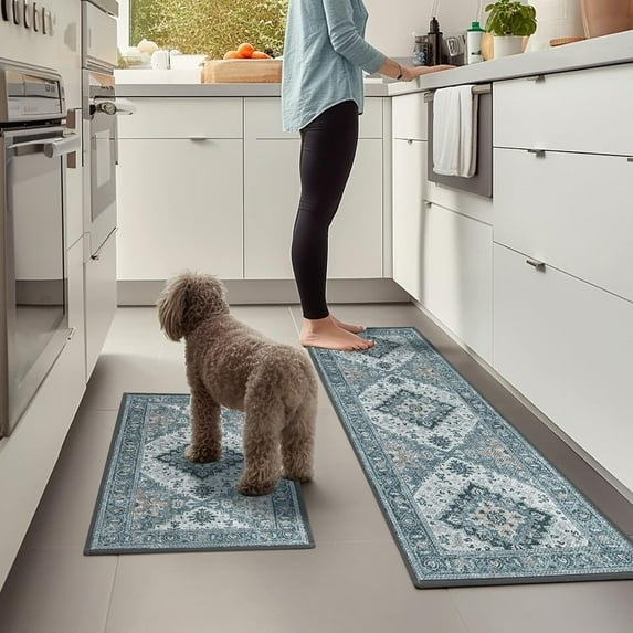 Boho Kitchen Rugs and Mats Set of 2 Washable Kitchen Mat for Floor Non Skid Cushioned Anti-Fatigue Comfort Standing Mat for Front of Sink Laundry Room Hallway Enteyway 17"x32" + 17"x48"