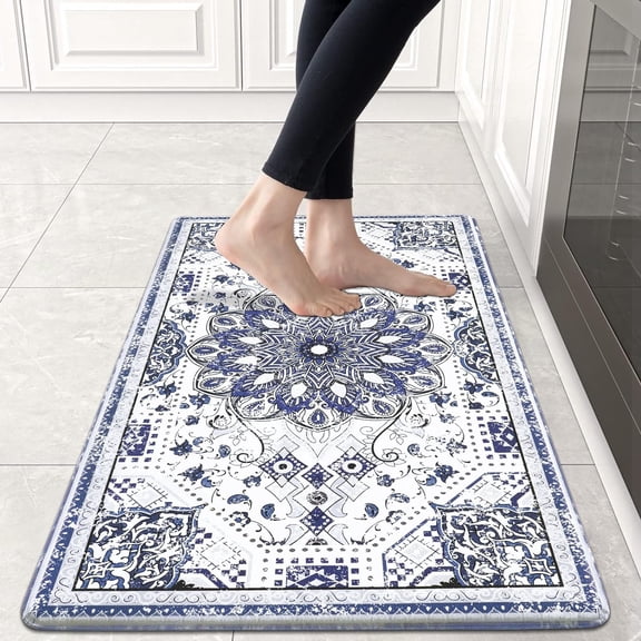 Boho Kitchen Rugs Non Slip, Waterproof Kitchen Mats Cushioned Anti Fatigue, Blue and Gray Kitchen Rugs and Mats Washable, Farmhouse Comfort Standing Mat for Kitchen, Laundry & Office, 18" x 30"