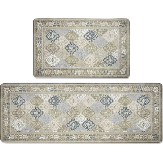 Boho Kitchen Rugs Set of 2 Anti-Fatigue 0.4 Inches Thick Farmhouse Vintage Bohemian Kitchen Floor Mats Non Slip Waterproof Comfort PVC Mat Decor for Sink Laundry 17.3 x 28+17.3 x 47 Inches