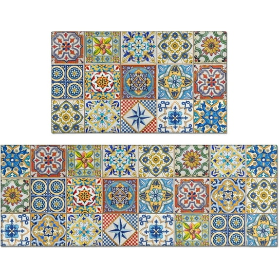 Boho Kitchen Rugs Set of 2, Farmhouse Plaid Boho Kitchen Rugs and Mats Non-Slip Washable, Farmhouse Boho Kitchen Decor Floor Mats for Kitchen Sink Laundry Room, 17x30+17x47 Inches