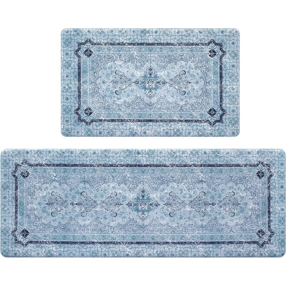 Boho Kitchen Rugs Set 2 Piece, Farmhouse Kitchen Rugs and Mats Non Skid Washable, Waterproof PVC Kitchen Mats for Floor, Anti Fatigue Floor Comfort Mats, 18'''' x 48'''' + 18'''' x 30'''', Blue