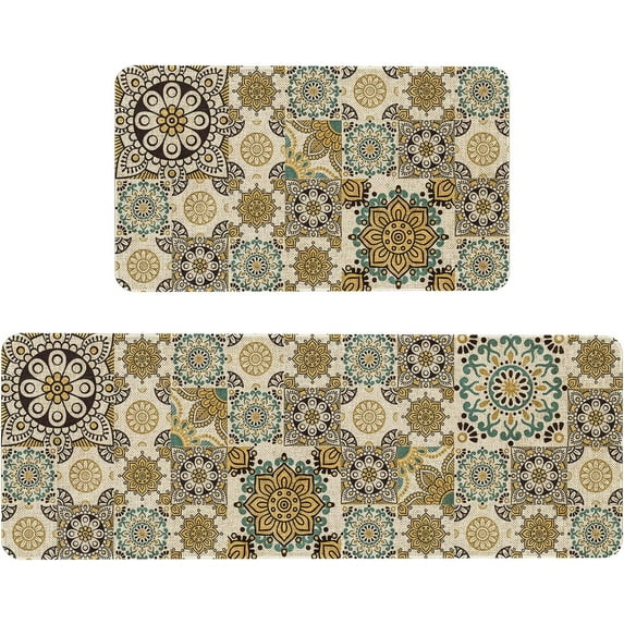 Boho Kitchen Rugs Set 2 Pieces Farmhouse Kitchen Mat Floor Mat Anti Fatigue Non-Skid PVC Runner Rug Water & Oil Proof Carpet for Kitchen Laundry Sink,17.3x28+17.3x47 Inc