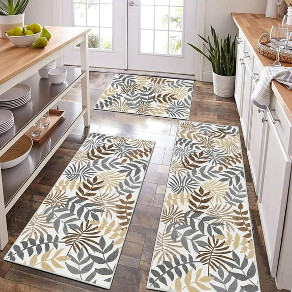 Boho Kitchen Rugs Set of 3, Farmhouse Kitchen Rugs and Mats Non Skid Washable, Non Slip Kitchen Floor Mat Leaf Kitchen Rug Runner for Hallway Entryway Laundry Room