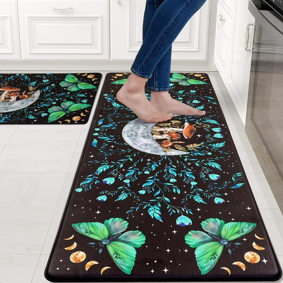 Boho Kitchen Rugs Sets of 2, Floral Butterfly Anti Fatigue Cushioned Kitchen Mat for Floor, Standing, Mushroom Moon Non Skid Washable Kitchen Rugs and Mats, 18'''' x 30'''' + 18'''' x 48'''', Black