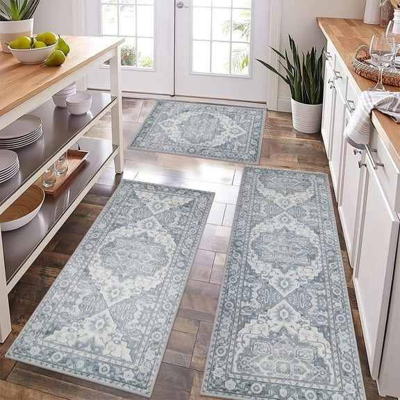 Boho Kitchen Rugs Sets of 3 Non Slip Rubber Kitchen Mats for Floor Waterproof Kitchen Rugs and Mats Washable Farmhouse Kitchen Area Rug for Hallway Laundry Room (Grey Multi)
