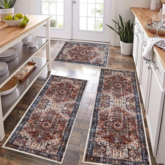 Boho Kitchen Rugs Sets of 3 Non Slip Rubber Kitchen Mats for Floor Waterproof Kitchen Rugs and Mats Washable Farmhouse Kitchen Floor Carpet Runner Rugs for Hallway Laundry Room (Rust)