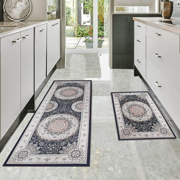 Boho Kitchen Rugs Sets of 3 Piece,Farmhouse Kitchen Area Rug Floor Carpet Runner Rugs,Non Slip Washable Kitchen Mats Set for Kitchen Floor Bathroom Laundry Office Sink （Grey White）