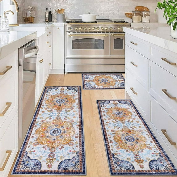 Boho Kitchen Rugs Sets 3 Piece with Runner Floral Kitchen Floor Mat Carpet Farmhouse Kitchen Rugs and Mats Non Skid Washable Runner Rug for Kitchen Floor Office Sink Laundry, Orange&Purple