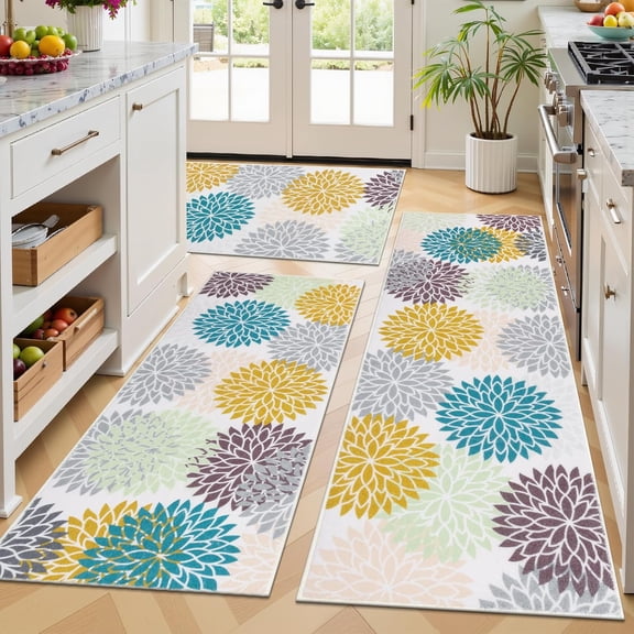 Boho Kitchen Rugs Sets 3 Piece with Runner Floral Kitchen Floor Mat Carpet Farmhouse Kitchen Rugs and Mats Non Skid Washable Runner Rug for Kitchen Floor Office Sink Laundry, Colorful