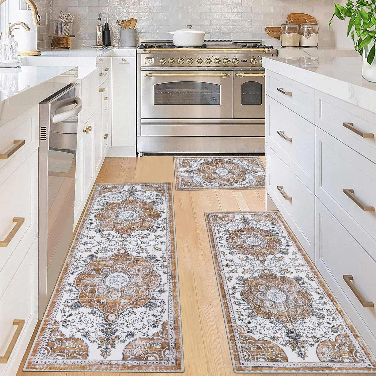 Boho Kitchen Rugs Sets 3 Piece with Runner Floral Kitchen Floor Mat Carpet Farmhouse Kitchen Rugs and Mats Non Skid Washable Runner Rug for Kitchen Floor Office Sink Laundry, Beige