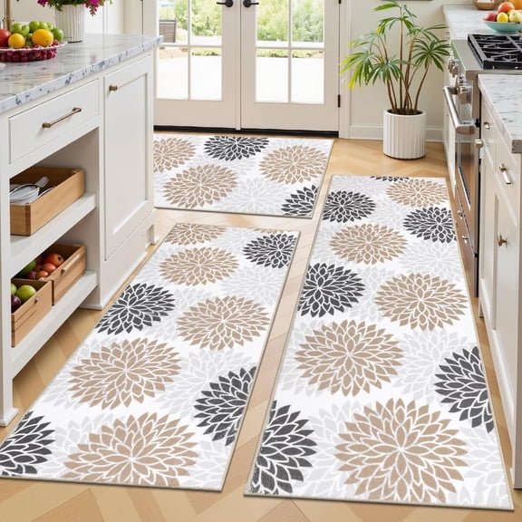Boho Kitchen Rugs Sets 3 Piece with Runner Floral Kitchen Floor Mat Carpet Farmhouse Kitchen Rugs and Mats Non Skid Washable Runner Rug for Kitchen Floor Office Sink Laundry, Brown