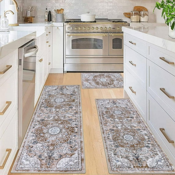 Boho Kitchen Rugs Sets 3 Piece with Runner Floral Kitchen Floor Mat Carpet Farmhouse Kitchen Rugs and Mats Non Skid Washable Runner Rug for Kitchen Floor Office Sink Laundry, Light Brown