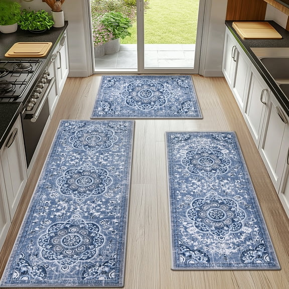 Boho Kitchen Rugs Sets 3 Piece with Runner Non Slip Kitchen Mats for Floor Washable Bohemian Runner Rug Set of 3 Blue&Gray