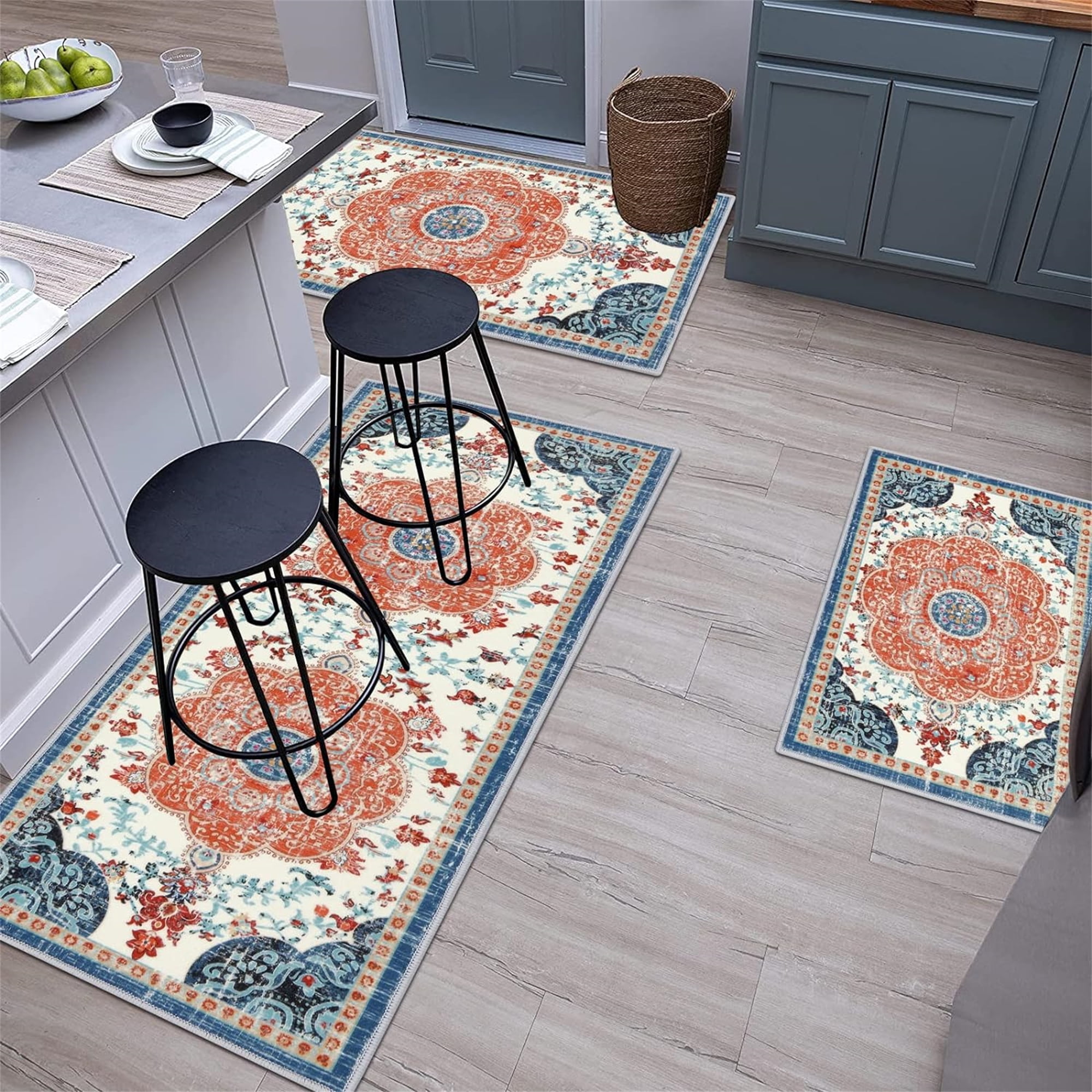 Ileading 3 Piece Boho Kitchen Rugs Set with Non Slip Mats for Floor, Washable Runner Rug for ...