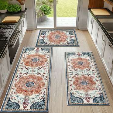 Boho Kitchen Rugs Sets 3 Piece with Runner Non Slip Kitchen Mats for Floor Washable Bohemian Runner Rug Set of 3 Red
