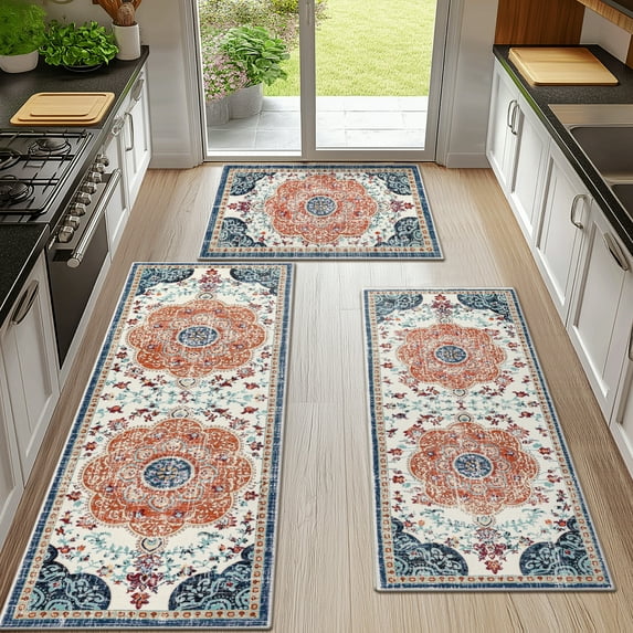 Boho Kitchen Rugs Sets 3 Piece with Runner Non Slip Kitchen Mats for Floor Washable Bohemian Runner Rug Set of 3 Red