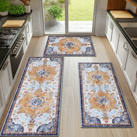 Boho Kitchen Rugs Sets 3 Piece with Runner Non Slip Kitchen Mats for Floor Washable Bohemian Runner Rug Set