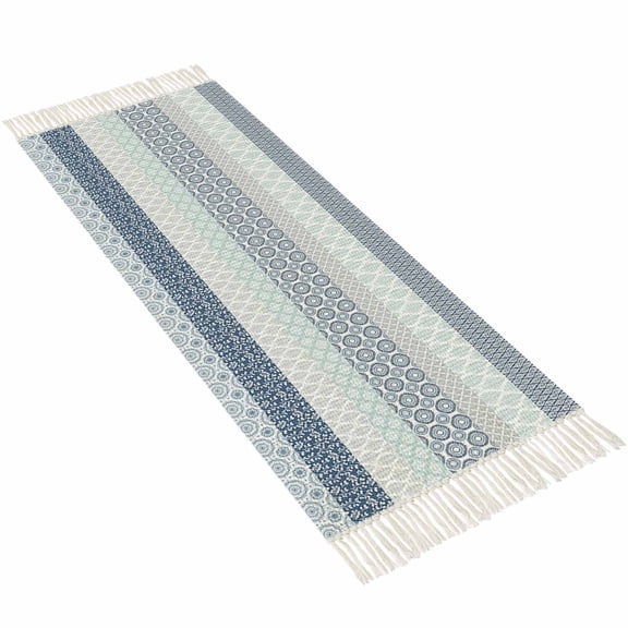 Boho Kitchen Runner Rug 2x4 Bedside Rug with Tassel Cotton Woven Throw Rugs Washable Hallway Runner Rugs Blue Green Gray Geometric Texture Floor Carpet for Bedroom Bathroom Living Room